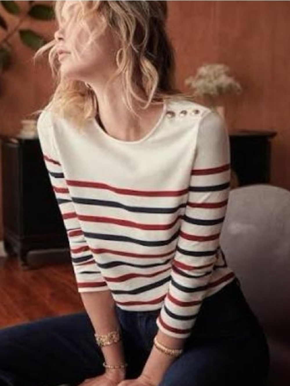 Sezane Striped Crewneck Button-Shoulder Top
